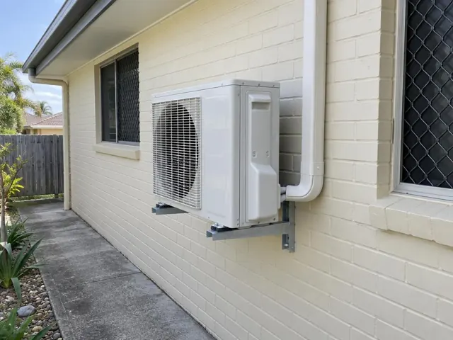 Outdoor air conditioner unit mounted on a cream brick house wall beside windows in Labrador